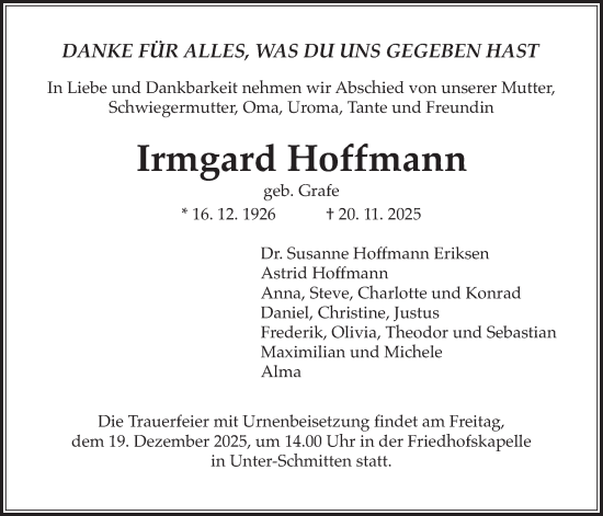Traueranzeige von Irmgard Hoffmann von Kreis-Anzeiger
