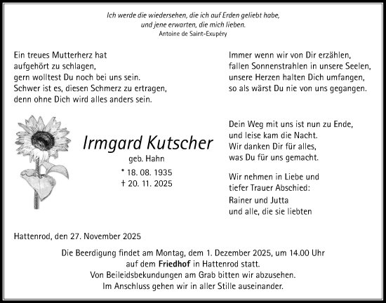 Traueranzeige von Irmgard Kutscher von Giessener Allgemeine, Alsfelder Allgemeine, Giessener Anzeiger