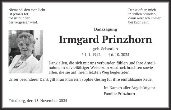 Traueranzeige von Irmgard Prinzhorn von Wetterauer Zeitung