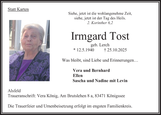 Traueranzeige von Irmgard Tost von Oberhessische Zeitung