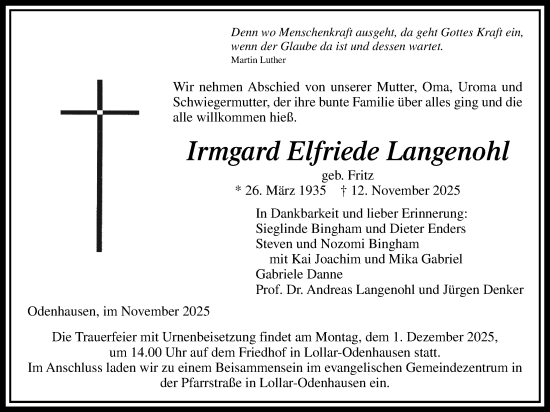 Traueranzeige von Irmgard Elfriede Langenohl von Giessener Anzeiger, Giessener Allgemeine, Alsfelder Allgemeine