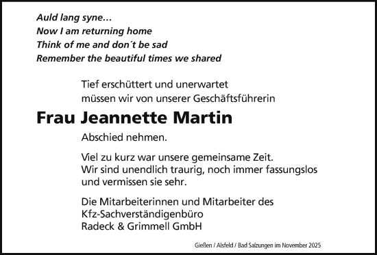 Traueranzeige von Jeannette Martin von Giessener Allgemeine, Alsfelder Allgemeine