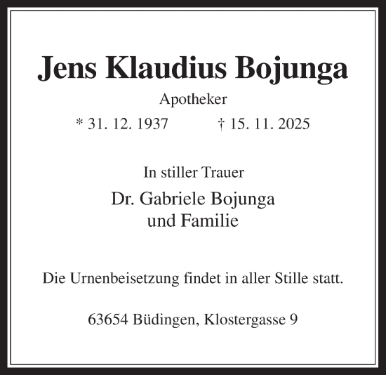 Traueranzeige von Jens Klaudius Bojunga von Kreis-Anzeiger