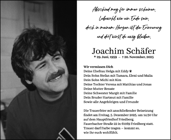 Traueranzeige von Joachim Schäfer von Wetterauer Zeitung