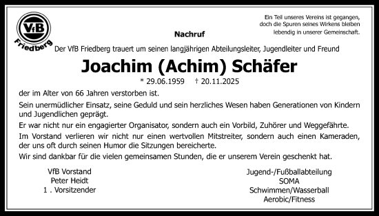 Traueranzeige von Joachim Schäfer von Wetterauer Zeitung