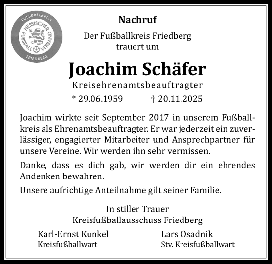 Traueranzeige von Joachim Schäfer von Wetterauer Zeitung