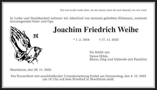 Traueranzeige von Joachim Friedrich Weihe von Kreis-Anzeiger