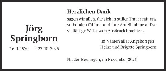 Traueranzeige von Jörg Springborn von Licher Wochenblatt