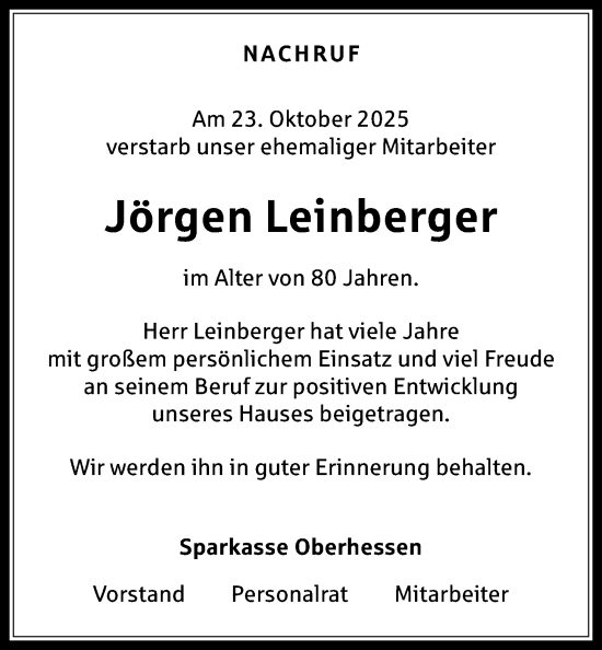 Traueranzeige von Jörgen Leinberger von Kreis-Anzeiger