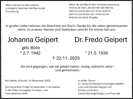 Traueranzeige von Johanna Geipert von Giessener Allgemeine, Alsfelder Allgemeine