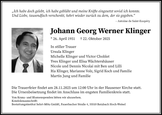 Traueranzeige von Johann Georg Werner Klinger von Butzbacher Zeitung