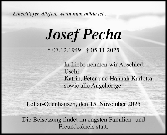 Traueranzeige von Josef Pecha von Giessener Anzeiger, Giessener Allgemeine, Alsfelder Allgemeine