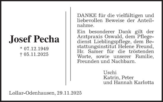 Traueranzeige von Josef Pecha von Giessener Allgemeine, Alsfelder Allgemeine, Giessener Anzeiger