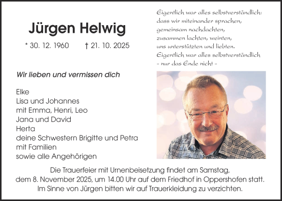 Traueranzeige von Jürgen Helwig von Butzbacher Zeitung, Wetterauer Zeitung