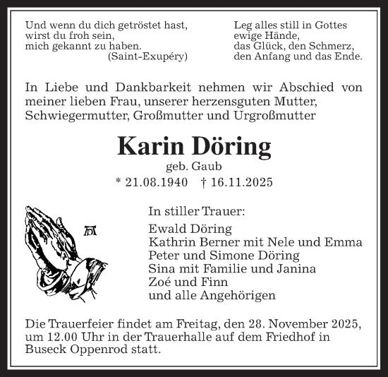 Traueranzeige von Karin Döring von Giessener Anzeiger, Giessener Allgemeine, Alsfelder Allgemeine