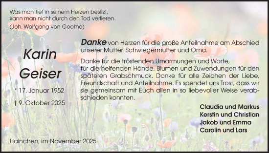 Traueranzeige von Karin Geiser von Kreis-Anzeiger