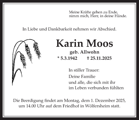 Traueranzeige von Karin Moos von Wetterauer Zeitung