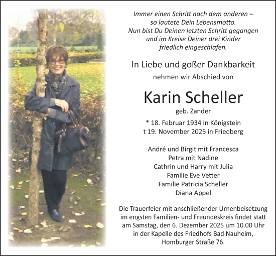 Traueranzeige von Karin Scheller von Giessener Allgemeine, Alsfelder Allgemeine, Wetterauer Zeitung, Butzbacher Zeitung