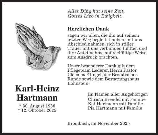 Traueranzeige von Karl-Heinz Hartmann von Usinger Anzeiger, Usinger Anzeigenblatt