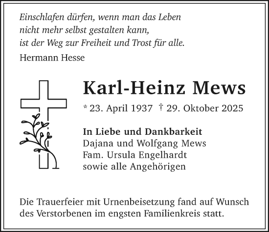 Traueranzeige von Karl-Heinz Mews von Licher Wochenblatt