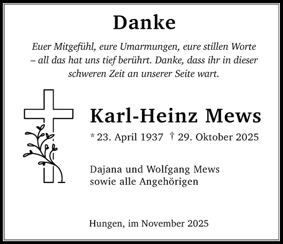 Traueranzeige von Karl-Heinz Mews von Licher Wochenblatt