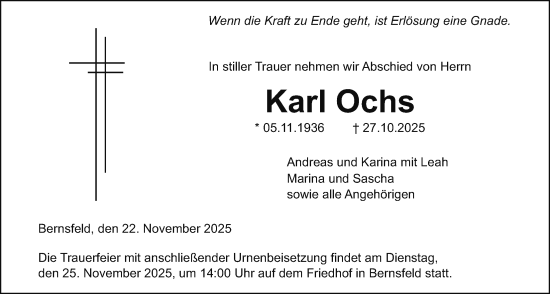 Traueranzeige von Karl Ochs von Giessener Allgemeine, Alsfelder Allgemeine