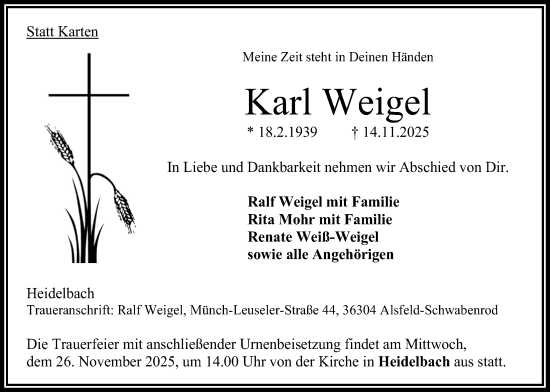 Traueranzeige von Karl Weigel von Oberhessische Zeitung