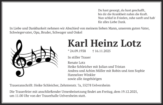 Traueranzeige von Karl Heinz Lotz von Usinger Anzeiger