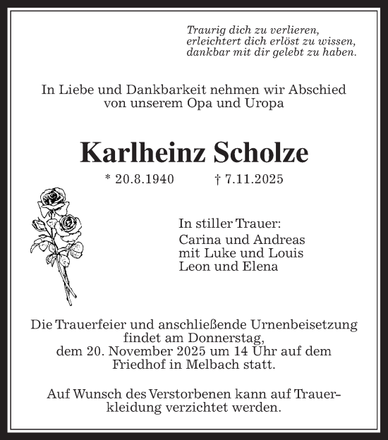 Traueranzeige von Karlheinz Scholze von Wetterauer Zeitung