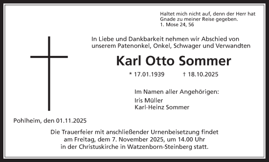 Traueranzeige von Karl Otto Sommer von Giessener Anzeiger, Giessener Allgemeine, Alsfelder Allgemeine, Pohlheimer Nachrichten, Pohlheimer Nachrichten