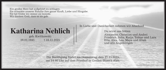 Traueranzeige von Katharina Nehlich von Giessener Allgemeine, Alsfelder Allgemeine, Giessener Anzeiger