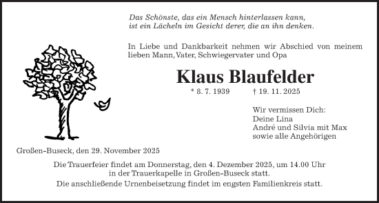 Traueranzeige von Klaus Blaufelder von Giessener Allgemeine, Alsfelder Allgemeine