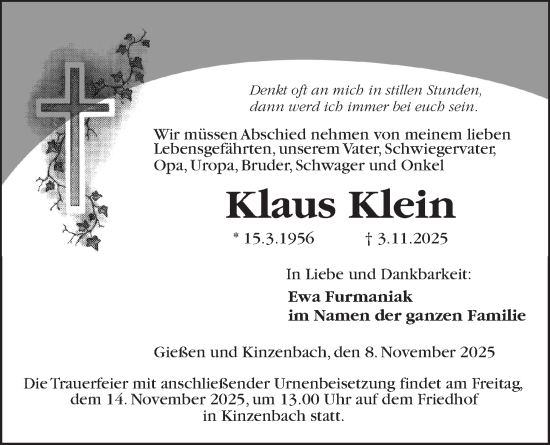 Traueranzeige von Klaus Klein von Giessener Allgemeine, Alsfelder Allgemeine