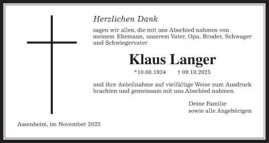 Traueranzeige von Klaus Langer von Wetterauer Zeitung