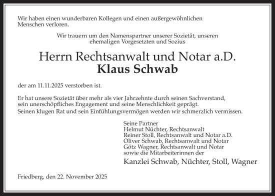 Traueranzeige von Klaus Schwab von Wetterauer Zeitung