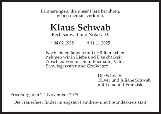 Traueranzeige von Klaus Schwab von Wetterauer Zeitung