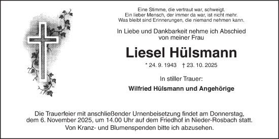Traueranzeige von Liesel Hülsmann von Wetterauer Zeitung