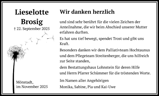 Traueranzeige von Lieselotte Brosig von Usinger Anzeigenblatt