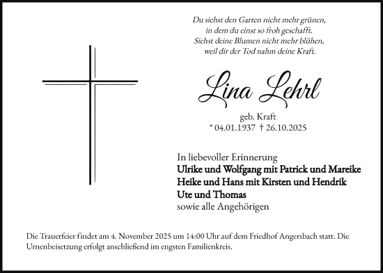 Traueranzeige von Lina Lehrl von Lauterbacher Anzeiger