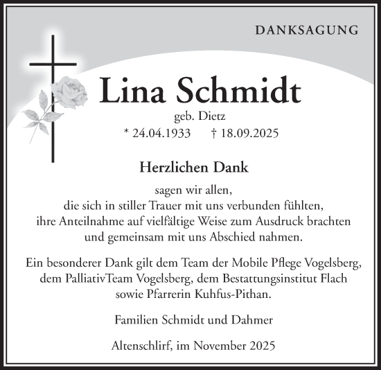 Traueranzeige von Lina Schmidt von Lauterbacher Anzeiger