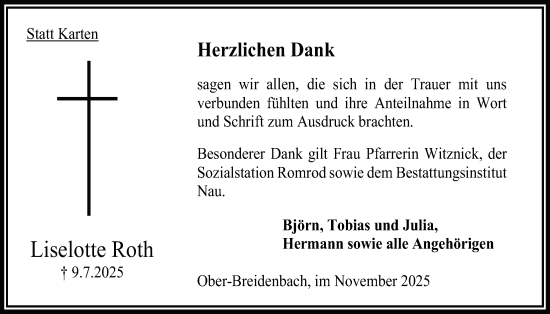 Traueranzeige von Liselotte Roth von Oberhessische Zeitung