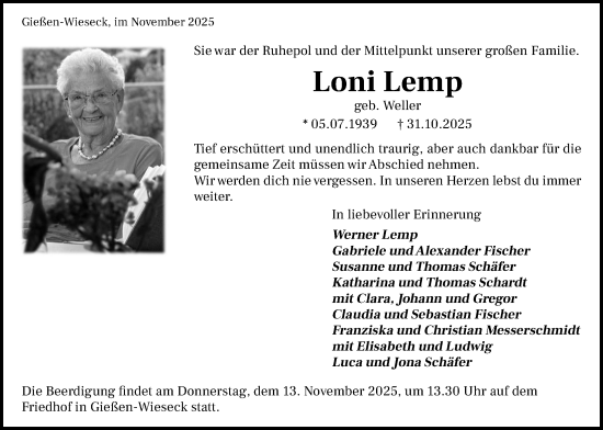Traueranzeige von Loni Lemp von Giessener Anzeiger, Giessener Allgemeine, Alsfelder Allgemeine