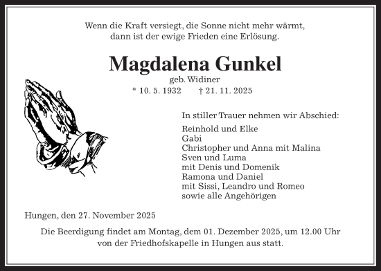 Traueranzeige von Magdalena Gunkel von Licher Wochenblatt