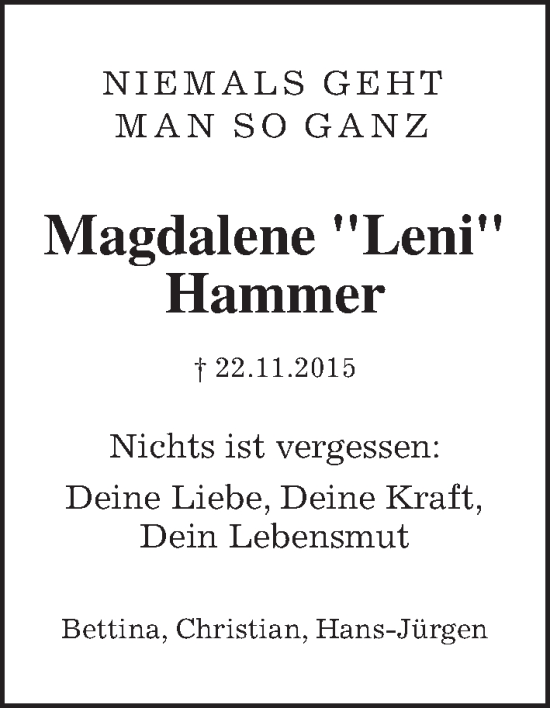 Traueranzeige von Magdalene Hammer von Wetterauer Zeitung