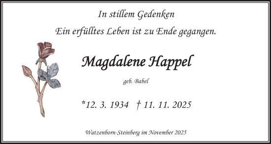 Traueranzeige von Magdalene Happel von Giessener Anzeiger, Giessener Allgemeine, Alsfelder Allgemeine