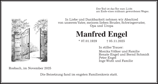 Traueranzeige von Manfred Engel von Wetterauer Zeitung