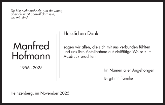 Traueranzeige von Manfred Hofmann von Usinger Anzeigenblatt