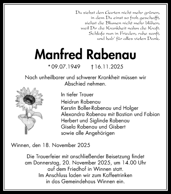 Traueranzeige von Manfred Rabenau von Giessener Allgemeine, Alsfelder Allgemeine