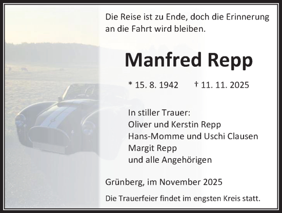 Traueranzeige von Manfred Repp von Giessener Allgemeine, Alsfelder Allgemeine