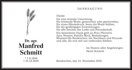 Traueranzeige von Manfred Schmitt von Giessener Allgemeine, Alsfelder Allgemeine